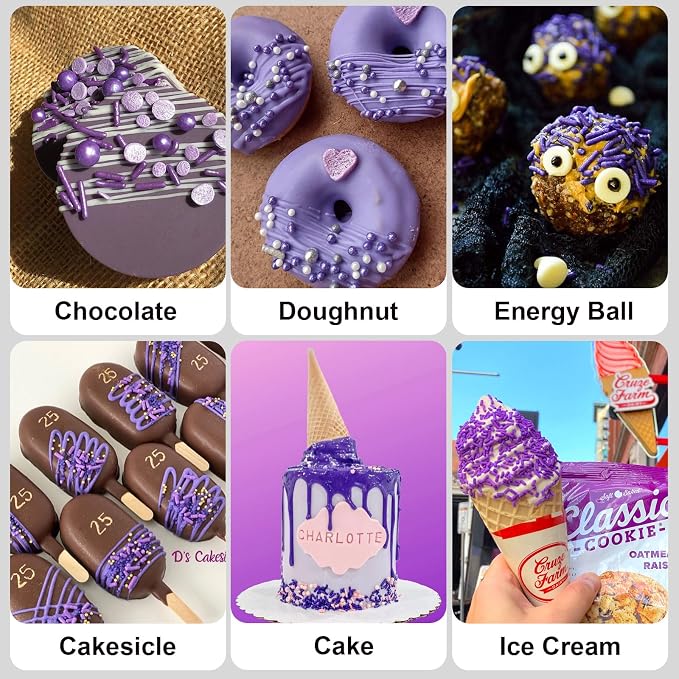 HUEBEATY® 6-in-1 Purple Edible Pearls Sprinkles, Sanding Sugar for Cake Decorating, Cupcakes, Cookies & Ice Cream - 180g, Edible Mardi Gras, Halloween & Mermaid Purple Cake Sprinkles and Decorations