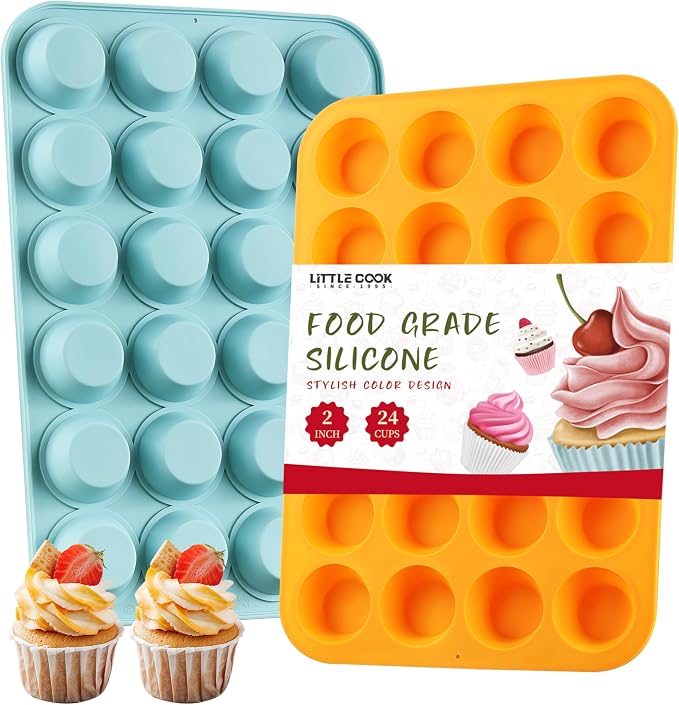 2PCS Silicone Mini Muffin & Cupcake Pan Set, Little Cook 24 Cups Mini Muffin Baking Pan, Non-Stick, BPA Free, Dishwasher Safe, Perfect for Making Muffin, Cakes, Tart (Orange + Peacock Blue)