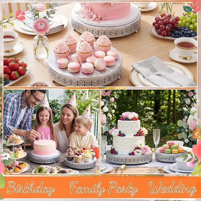 Wenqik 2 Pack Cake Stand Set, 14/16 Inch Metal Round Cupcake Dessert Stand Decorative Elegant Cake Display for Weddings Party Birthday Baby Showers Anniversary(Ornate Floral,Silver)