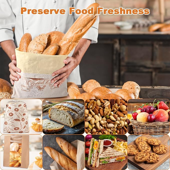 Bread Bags for Homemade Sourdough Bread, Reusable Beeswax Bags for Sourdough, 2 Pack Large Linen Bread Bags and 20 Paper Sleeves for Sourdough Baked Food Storage & Gifts