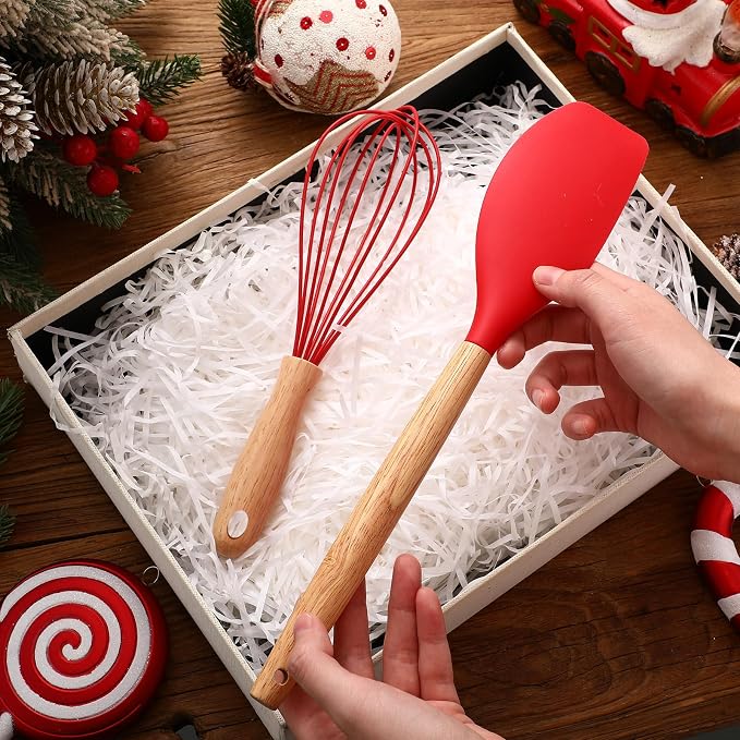 Funnymoom 12 Pcs Small Silicone Whisks and Spatulas with Wooden Handle for Cooking 10 Inch Mini Whisk Spatula Non Stick Kitchen Baking Essentials Cookware for Valentines Day Party Favor Gift Supplies