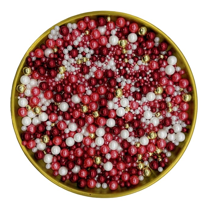 Edible Red Series & Gold & White Sugar Pearls Sprinkles Candy Mix Size Pearls Cake Decorations Cupcake Toppers Decorating Perfect for Wedding Party Valentine Supplies 4.58OZ