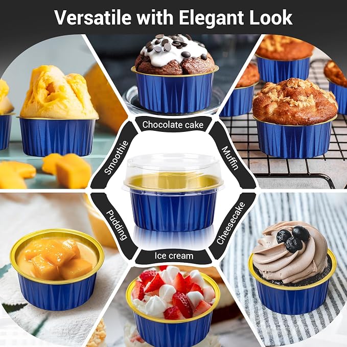 EUSOAR Aluminum Foil Baking Cups with Lids, Royal Blue 100pcs 5oz Creme Brulee Ramekins Disposable, Muffin Liners Cups,Mini Cheesecake Foil Pans Dessert Containers with Lids for Party Favor Birthday