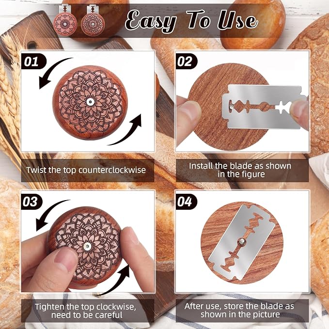Windspeed 2+20 Pcs Wooden Bread Scoring Tool, Best Bread Lame Cutter for Sourdough, Fancy Bread Lame, Dough Scoring Tool with 10 Razor Blades and Felt Pouch