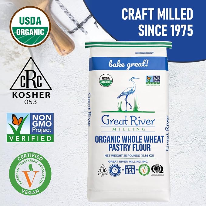 Great River Milling Organic Whole Wheat Pastry Flour | Soft Texture, Lower Gluten | USDA Organic, Non-GMO, Kosher | Ideal for Muffins, Cookies, Cakes & More | 25 Lb (Pack of 1)