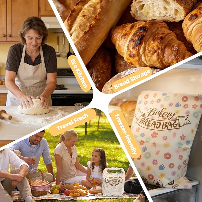 2 Pack Beeswax Bread Bags for Sourdough Homemade Bread, Organic Linen Reusable Natural Bread Storage Bag, Keep Fresh Moisture, Freezer-Friendly, Large Capacity Food Storage Cloth Bag