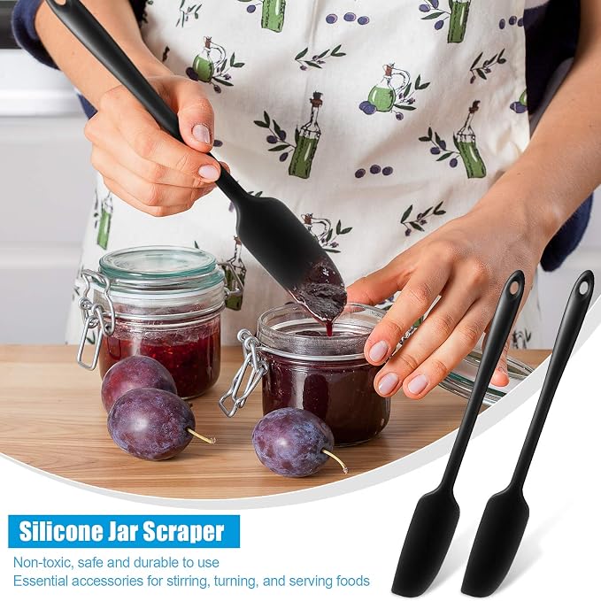 Patelai 2 Pieces Silicone Jar Spatula Long Handle Non-stick Rubber Scraper Heat Resistant Spatula Silicone Scraper for Jars, Smoothies, Blenders Cooking Baking Stirring Mixing Tools (Black)