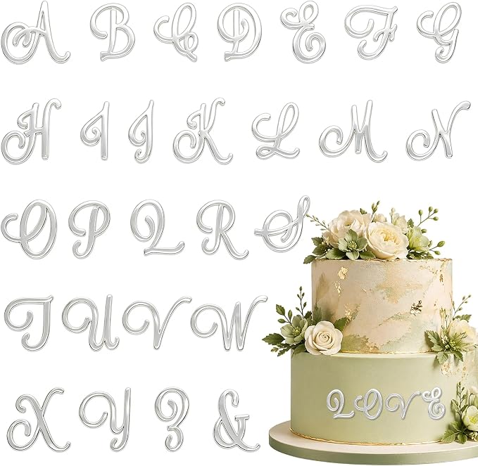 27PCS Silver Monogram Alphabet Cake Decor Set A–Z & Symbol Mirror Acrylic Decorative Letter Cake Decorations Personalized Initials for Wedding Anniversary Engagement Celebration