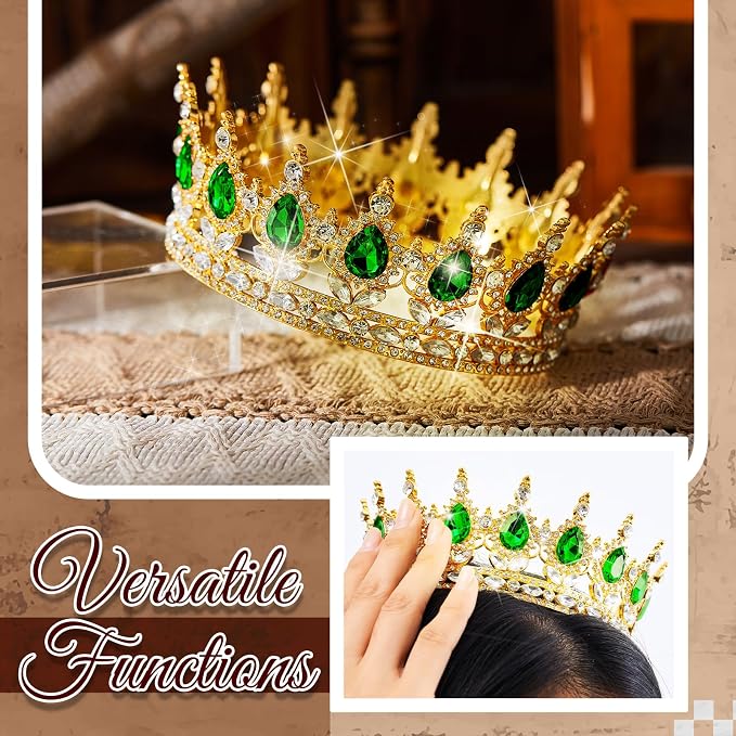 8 Pcs Gold and Green Queen Crown Birthday Cake Topper for Women Rhinestone Crystal Tiara Wedding Happy Birthday Cake Decoration Foam Balls Decor for Queen Princess Party Photo Props