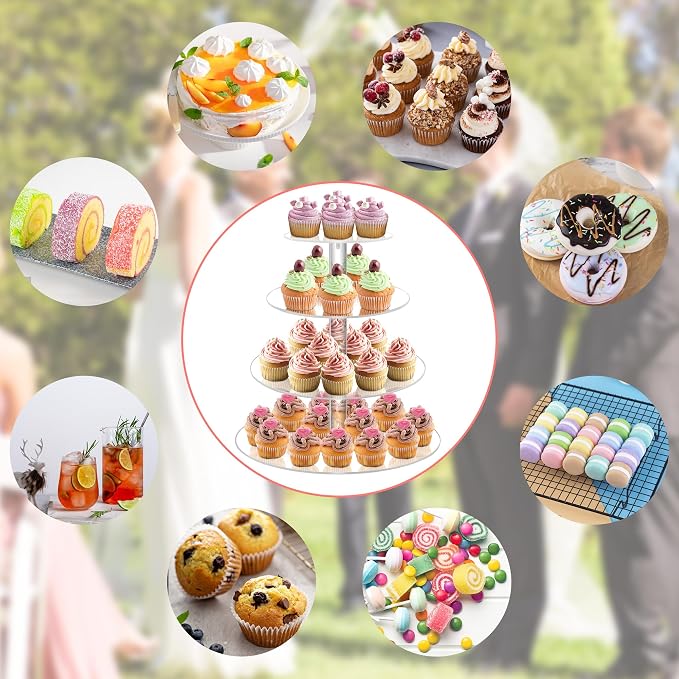 YestBuy 4 Tier Round Acrylic Cupcake Stand with Base, Premium Cupcake Holder, Acrylic Cupcake Tower Display Cady Bar Party Décor – Display for Pastry (4" Between 2 Layers)