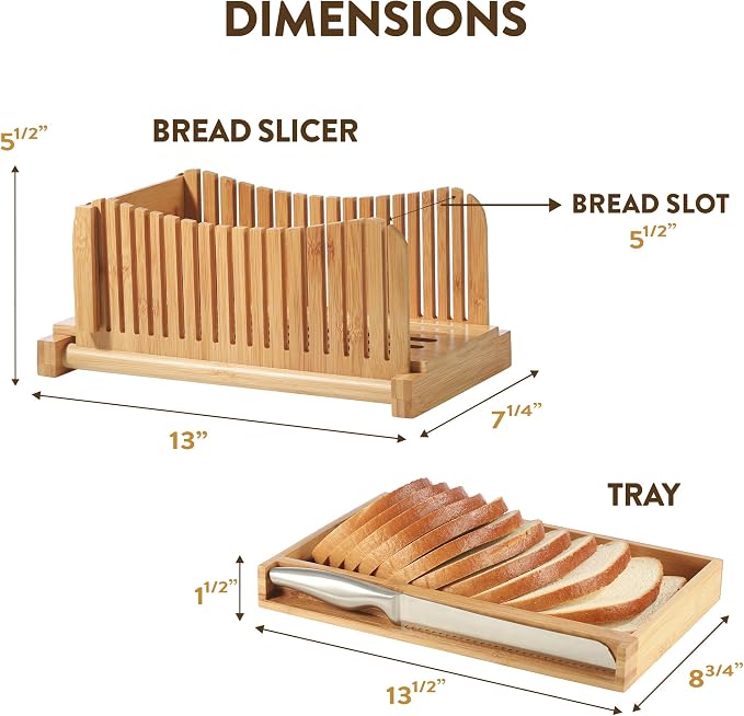 Personalized Bread Slicer with Bread Knife - Bamboo Bread Slicer for Homemade Bread with 3 Slice Thickness, Compact Foldable Cutting Guide with Crumb Tray, for Cake, Bagels by Bambüsi