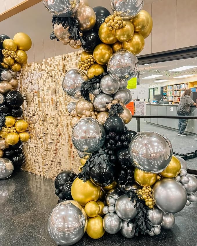 Black Gold and Silver Balloon Arch Kit, 142Pcs Metallic Chrome Balloons and Stars Balloon Garland kit, Different Size Balloons Kit for New Year Men Birthday 2026 Graduation Party Decorations