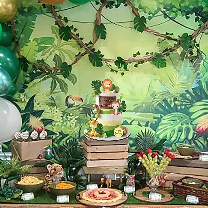 Jungle Safari Animal Cake Topper with Colourful Balls Plam Leaves Cake Decoration for Wild Theme Birthday Supplies (STYLE 3)