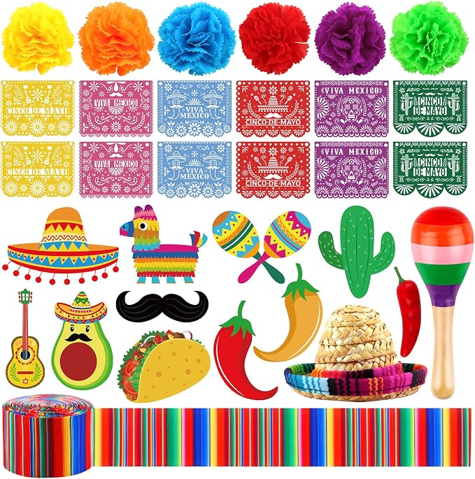 33PCS Mexican Cake Decorations Mexican Cake Topper with Mini Papel Picado Banner Serape Ribbon cactus Taco and Flower Cakes Decor for Fiesta Themed Party Decorations Baby Shower