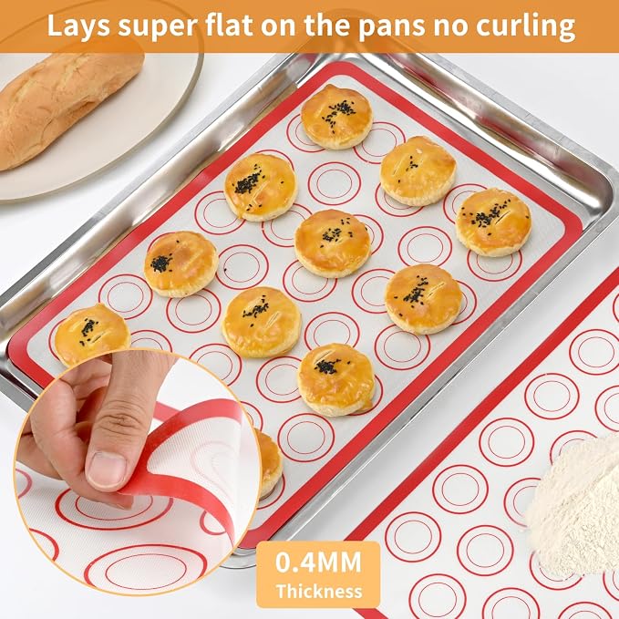 Luckyiren 2-Pack Baking Mat with Circles – Silicone Macaron & Cookie Sheet Liners, Non-Stick BPA-Free Reusable Silicone Mats for Half Sheet Pans for Precision Baking & Candy, White with Red Edge
