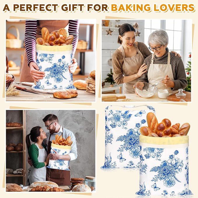 2 Pcs XL Beeswax Bread Bags for Sourdough Reusable 13” x 17” Large Bread Bags with Improved Beeswax Coating Food Wraps for Mother's Day Homemade Loaf Fresh Freezer(Blue Flowers)