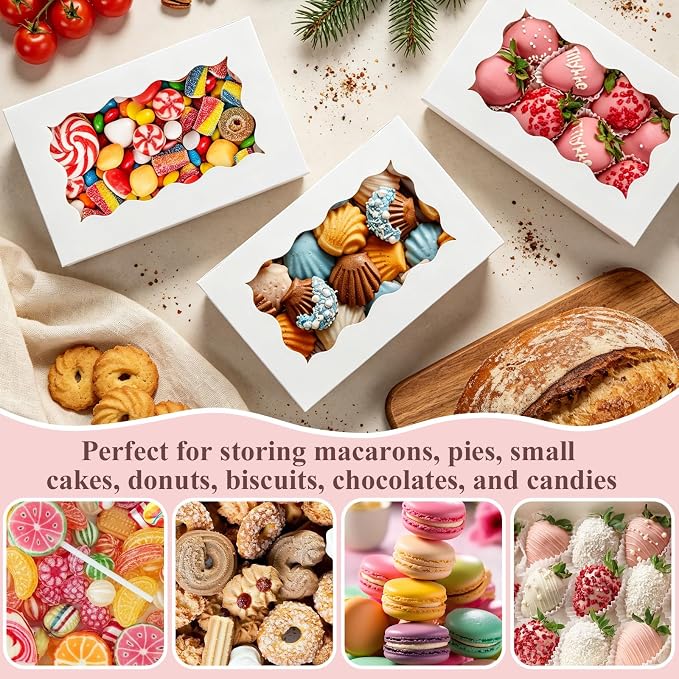 60 Pack White Cookie Boxes with Clear Window, 7" x 4 3/8" x 1 1/2" Bakery Treat Boxes for Dessert, Donuts, Pie, Candy, Macaroon