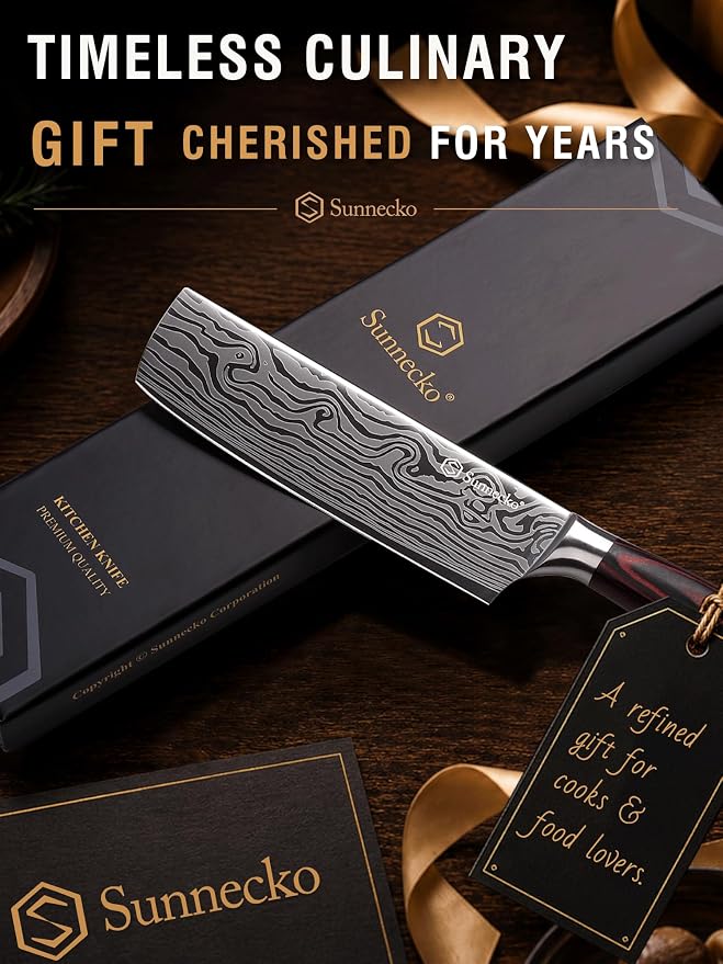 Sunnecko Japanese Nakiri Knife 7 Inch - 12° Edge Carbon Steel Chef Knife for Meat Vegetable Cutting Japanese Style, Full Tang Forged Blade Knife with Sheath, Kitchen Gift for Father Home Cooks & Pros