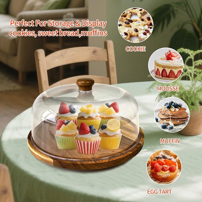 Rotating-Wood-Cake-Stand With Acrylic Dome Lid, Round Wooden Cake Holder Plate With Cover, 2-in-1 Dessert Table Display Set For Party, Charcuterie Board For Cheese, Chips & Dips, Nachos, Fruit Platter