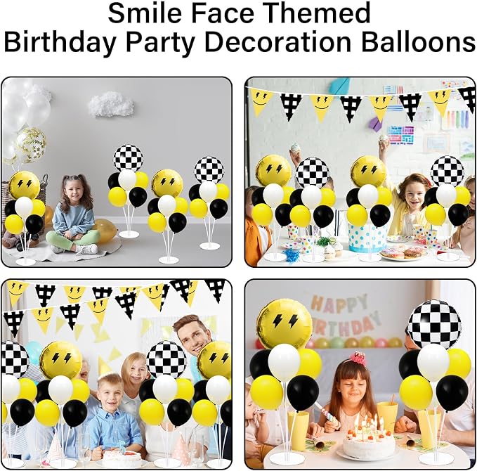 4 Sets Smile Party Balloons Stand Kit with Black White Checkered Foil Balloons Yellow Smile Face Themed Birthday Balloon Centerpiece for Tables for Girls Boys Birthday Baby Shower Party Decoration