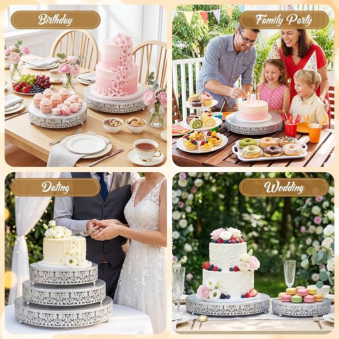 Wenqik 5 Pcs Metal Silver Cake Stand 16/14/12/10/8 Inch Round Cake Holder Display for Dessert Table Cookies Fruit Serving Tray Cupcake Pastry Riser for Wedding Birthday Party and Events