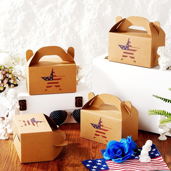 Colarr 24 Pcs 4th of July Treat Boxes Patriotic Star Prints Goodie Boxes with Handles 250th Anniversary Kraft Paper Cookie Box Candy Party Favor Box for Independence Day Fourth of July Celebration