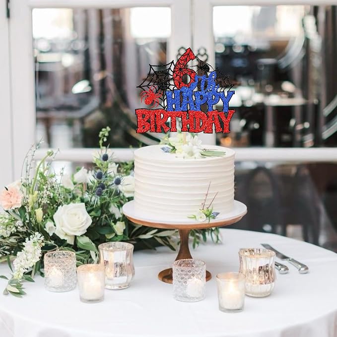 1 PCS Happy 6th Birthday Cake Topper Glitter Spider Web Cheers to 6 Years Six Birthday Cake Pick Superhero Spider Party Decorations for Boys Girls Happy 6th Birthday Party Cake Decorations Supplies