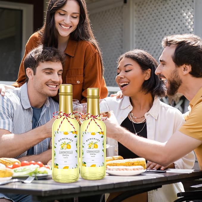 Reallnaive 12 Sets Limoncello Glass Bottles Sets 8 oz Clear Glass Bottles for Limoncello Homemade with Tags and Twine and Funnel for Home Brewing Wedding Baby Shower Party Favors