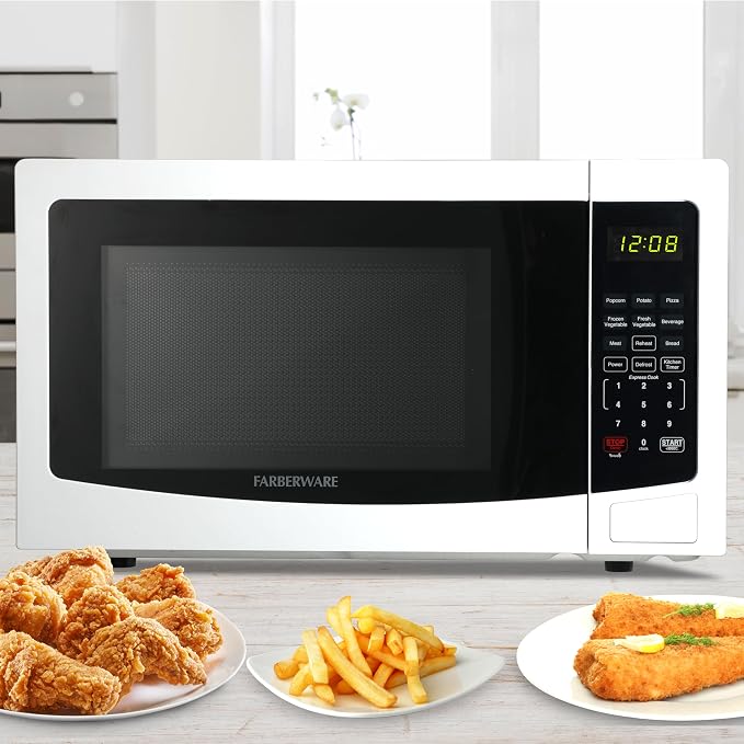 Farberware 1.1 Cu. Ft. Countertop Microwave Oven – 1000 Watts Power, Auto Cook Settings, Defrost, Easy Clean and Child Safety Lock - White