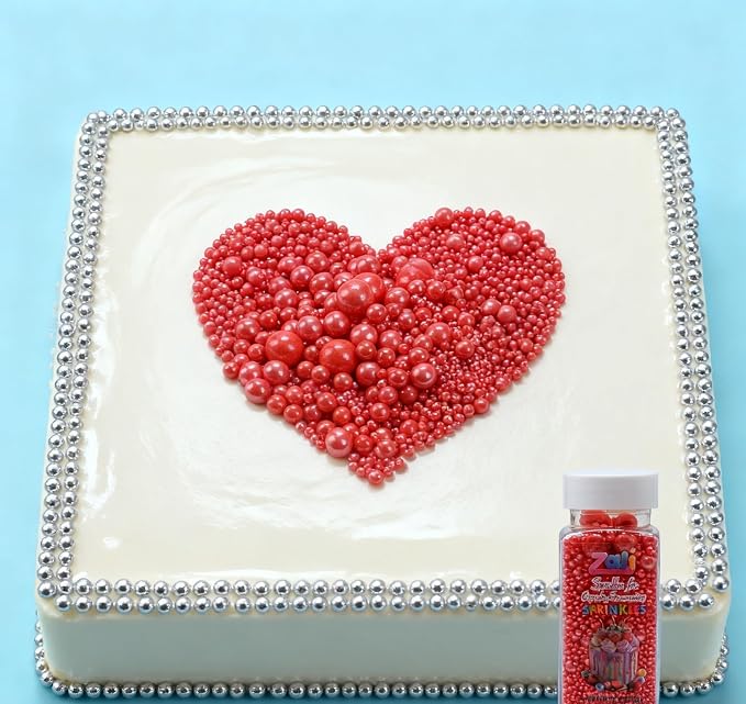 Edible Pearl Sprinkles for Cake Decorating – 26 Colors Mixed Size Sugar Pearls for Cakes, Cupcakes, Cookies, Donuts & Ice Cream | Gluten Free, Food Grade Wedding Valentin's Day And other festival cakes are used for deconration | By Zali(Red)