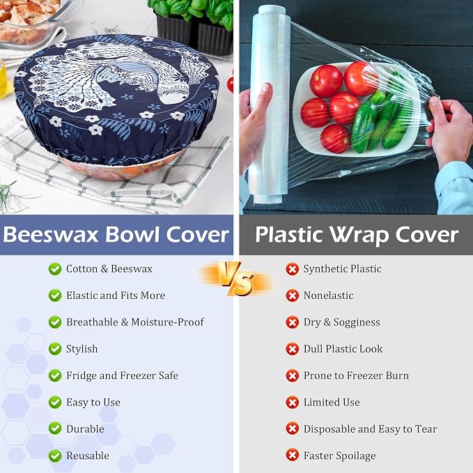 2 Large Reusable Beeswax Bowl Covers for Bread Proofing, 10/12 Inch Elastic Beeswax Wraps Cotton Cloth Sourdough Bowl Covers for Proofing Baskets, Mixer Bowls, Food Storage Containers