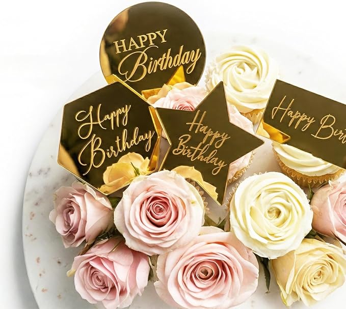 24 PCS Gold Acrylic Cupcake Toppers 8 Styles Happy Birthday Cake Topper Engraved Cake Picks for DIY Party Decoration