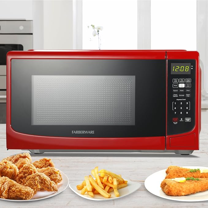Farberware 0.7 Cu. Ft. Countertop Microwave Oven – 700 Watts Power, Auto Cook Settings, Defrost, Easy Clean and Child Safety Lock - Red