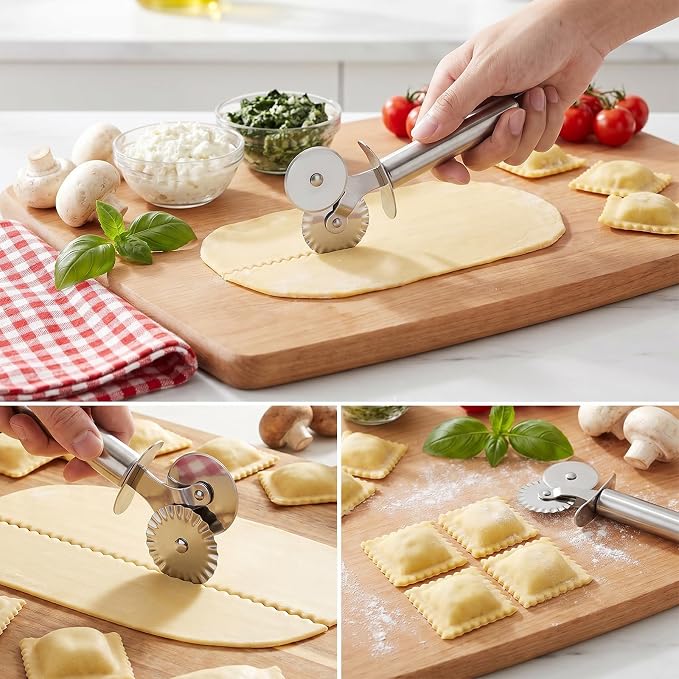 Double Wheel Pastry Cutter,Ravioli Pasta Cutter Wheel | Pie Cutter, Stainless Steel Dual-Head Baking Tool for Pizza, Noodles, Ergonomic Handle, Easy to Use & Clean