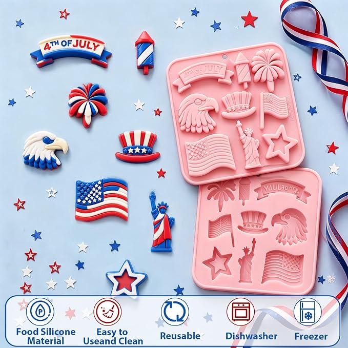 4th of July Silicone Molds 2 Pack Independence Day Chocolate Molds Patriotic Silicone Candy Mold Tray Statue of Liberty American Flag Eagle Stars Cake Decorating Jelly Ice Cubes Soap Baking