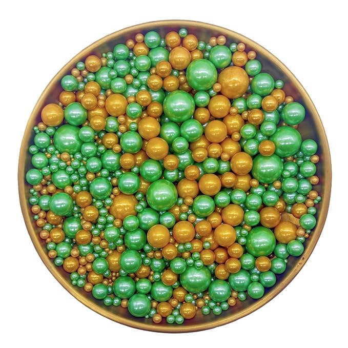 St. Patricks Day Edible Dark Green & Gold Sugar Pearls Sprinkles Candy Mix Size Pearls Cake Decorations Cupcake Toppers Decorating Perfect for Wedding Party Valentine 4.58OZ