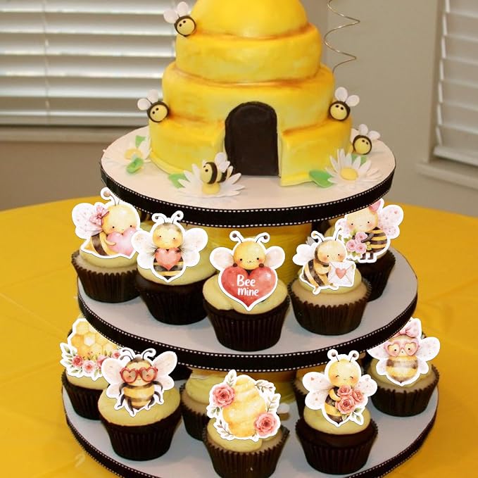 60 PCS Edible Bumble Bee Cupcake Toppers Wafer Paper Love Heart Flower Oh Babee Cupcake Picks Edible Honey Bee Cupcake Decorations for Baby Shower Kids Birthday Party Cake Decorations Supplies