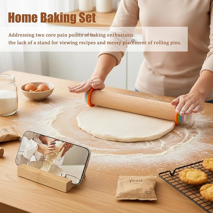 Adjustable Rolling Pin with Thickness Rings, Wood Dough Roller | natural beech wood, 8 plastic thickness rings, double-sided wooden stand, 17/14 inch, for pizza pasta cookies fondant clay