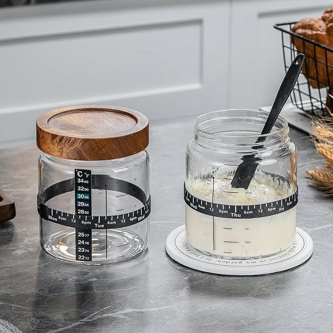 Wissy&Konny Sourdough Starter Jar 35OZ with Ounce Scale Line,Date Marked Feeding Band, Thermometer, Sourdough Jar Scraper, Cloth Cover & Wood Lid, Wide Mouth for Sourdough Bread Baking