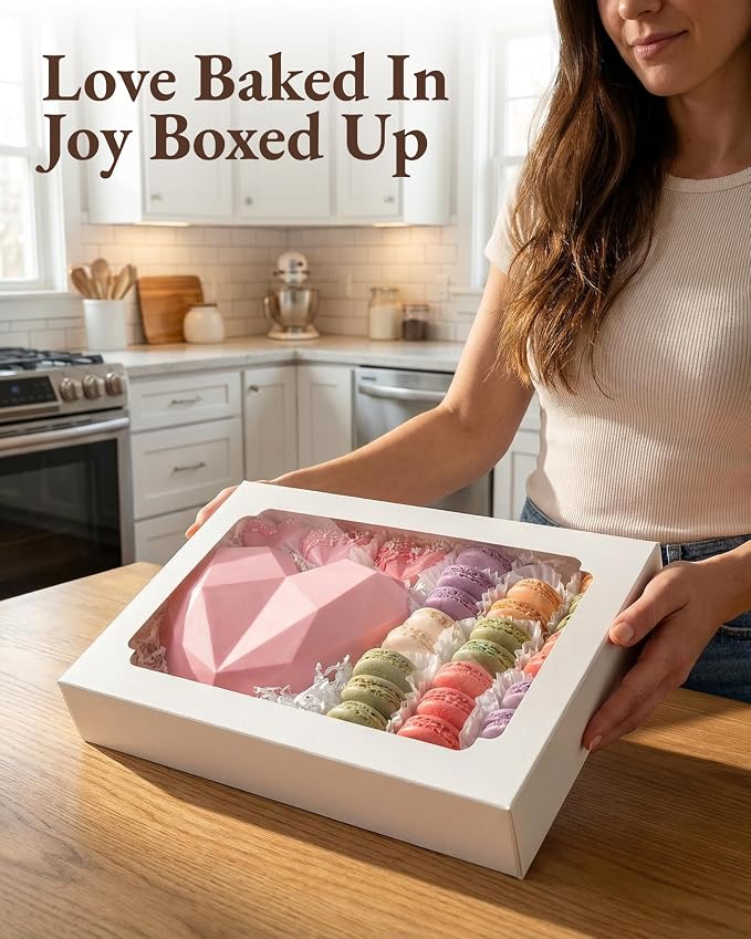 30pcs Cookie Boxes with Window 12x8x2.5 inch, Large Bakery Boxes, Auto-Popup Treat Box for Desserts, Chocolate Covered Strawberries, Breakable Heart, Pastries, Cajas Para Postres with 80 Stickers