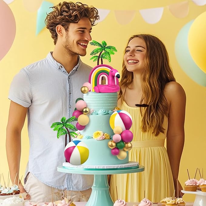 23 PCS Hawaiian Beach Cake Decoration Set Summer Cake Decor with Flamingo Rainbow and Coconut Tree Toppers for Hawaiian Theme Party