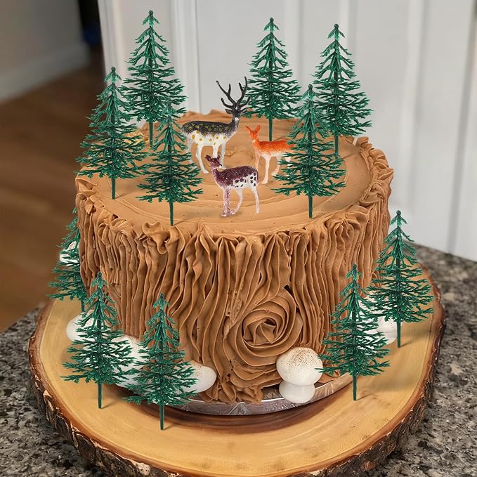 Hooqict 15Pcs Deer Christmas Tree Cake Topper with Tree Deer Figurines Hunting Cake Decorations for Winter Forest Woodland Birthday Party Supplies Animals Christmas Decorations