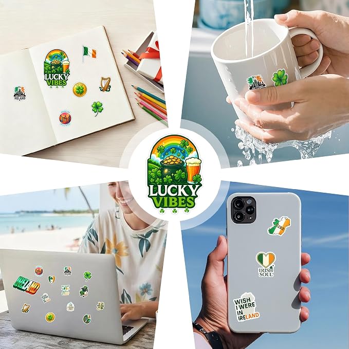 100 PCS Ireland Stickers Pack, Irish Travel Vinyl Waterproof Decals of Dublin Wexford Shamrock Clover Celtic Cross and Irish Culture Heritage for Laptop Water Bottle Scrapbook Adult Gift