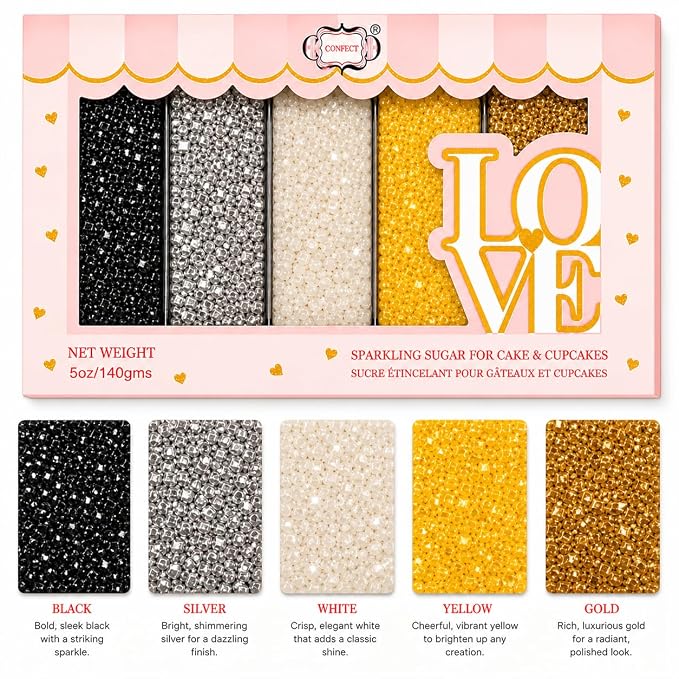 Confect Sparkling Sugar Sprinkle Mix – Edible Black, Silver, White, Yellow & Champagne Gold Sugar Crystals – Decorative Baking Toppings for Cakes, Cupcakes & Cookies – Vegan, Gluten-Free, Nut-Free, Soy-Free, Dairy-Free, Palm Oil-Free -Dye-Free-5 Oz