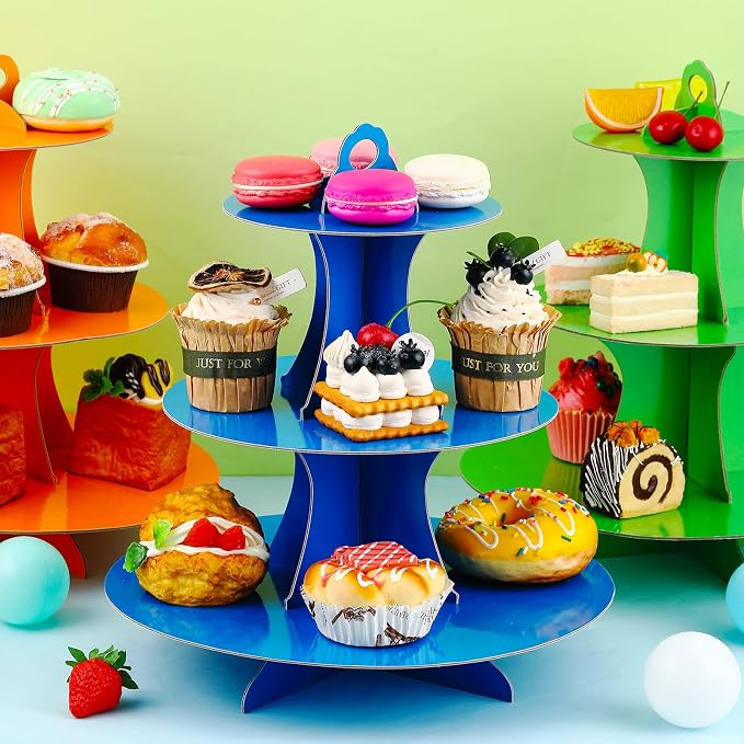 6 Set 3 Tier Cardboard Cupcake Stand Tiered Cake Holders Colorful Paper Dessert Stand Reusable Round 3 Tier Tower for Table Display Birthday Bridal Shower Party Supplies, 6 Colors