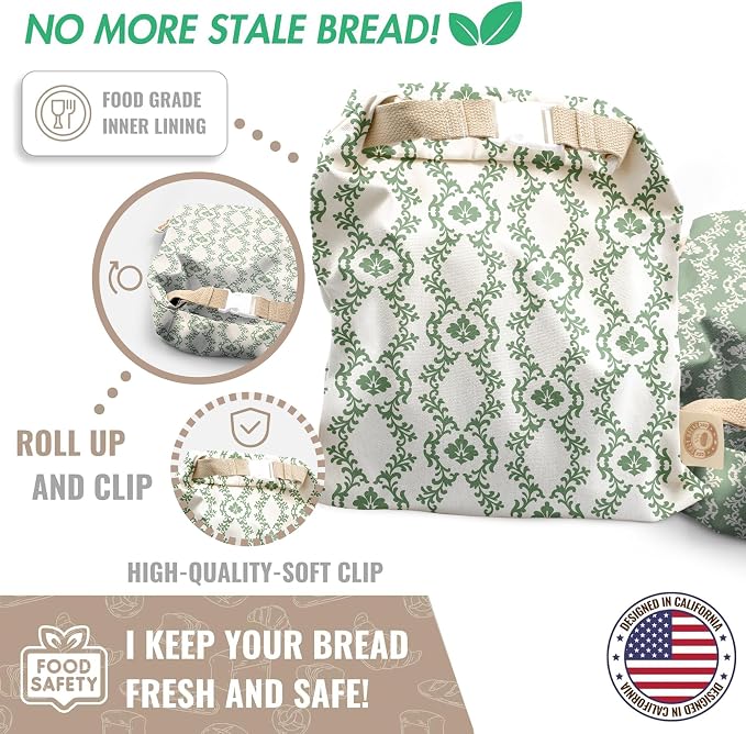 Cozy Bread® Reusable Bread Bag Set for Home Bakers | USA Brand | Charming Bread Designs (Green Ornamental)
