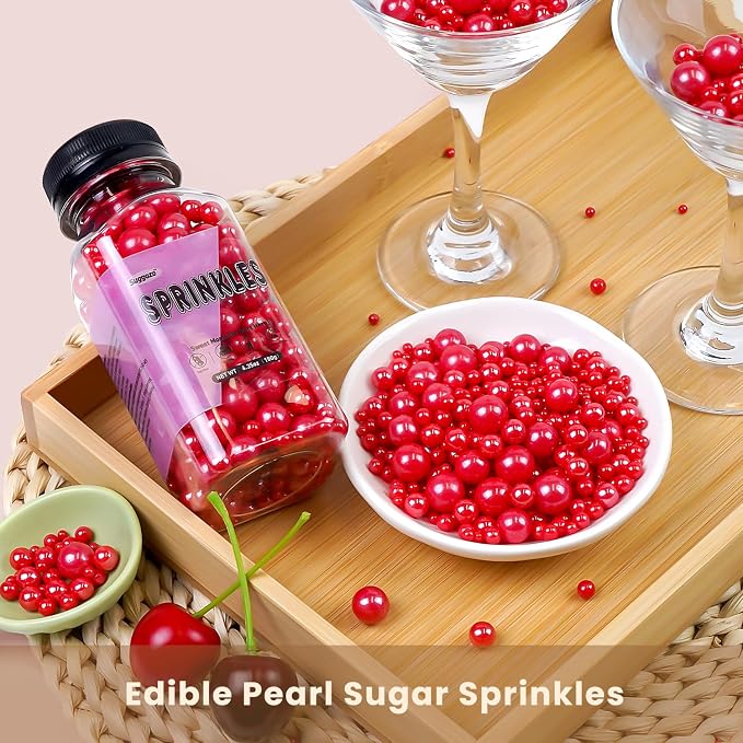 Red Pearl Sprinkles, Patriotic Edible Red Sugar Candy Pearls for Cake Decorating, Cupcake Toppers,Ice Cream, Donuts, Macaron, Wedding Holiday Birthday & 4th of July Party Supplies, 180g/6.35oz Mix Size