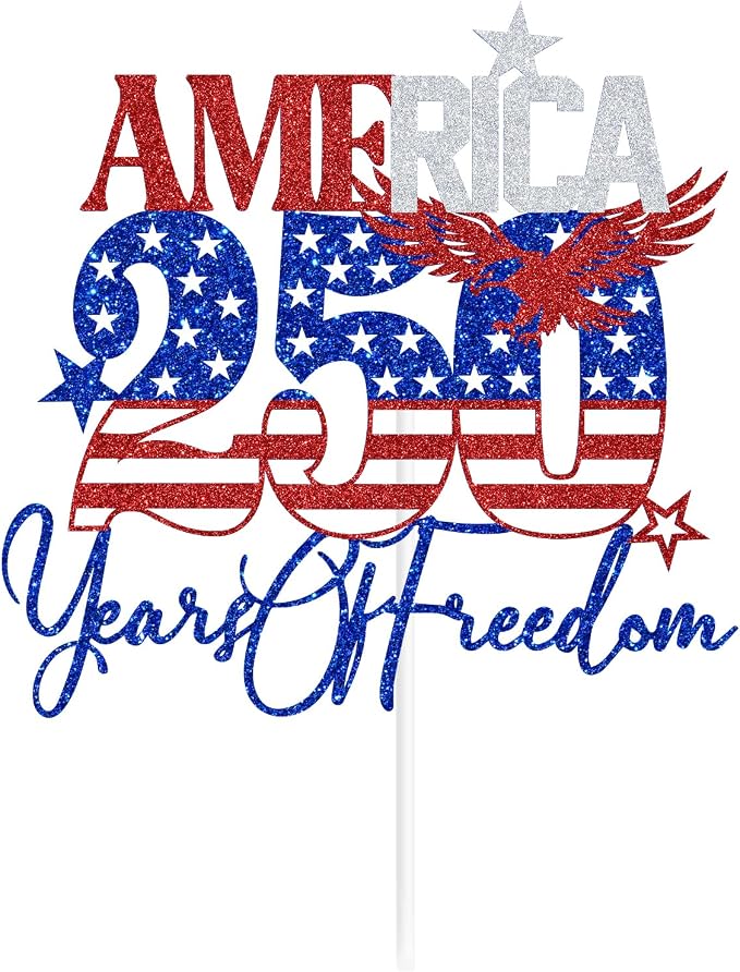 Blue Glitter America 250 Years of Freedom Cake Topper, Land of the Free Because of the Brave/Party in the USA, 4th of July Celebration Party Decorations Supplies