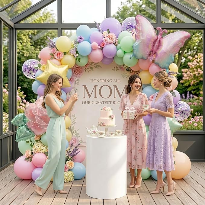 Pastel Mother's Day Balloon Garland Arch Kit with Macaron Balloon Arch kit & Flower Butterfly, Pink Rose Foil Balloons for Mother's Day Decor, Women's Birthday, Tea Party Supplies