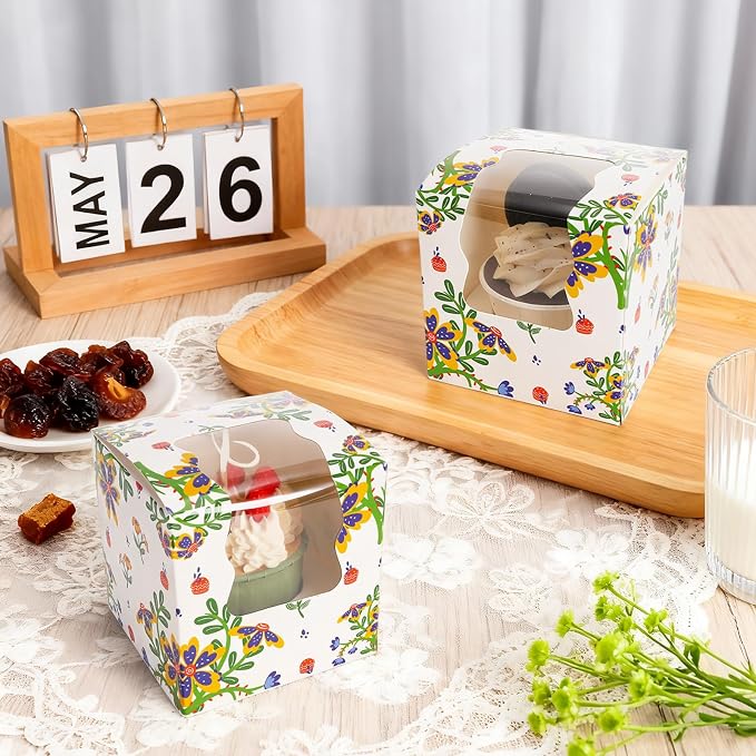 100 Pack Individual Cupcake Containers, Food Grade Cupcake Boxes with Window, Pre-Assembled Single Cupcakes Holders 3.5"x3.5"x3.5" with Inserts for Mini Cake Cookies Cupcakes Muffins
